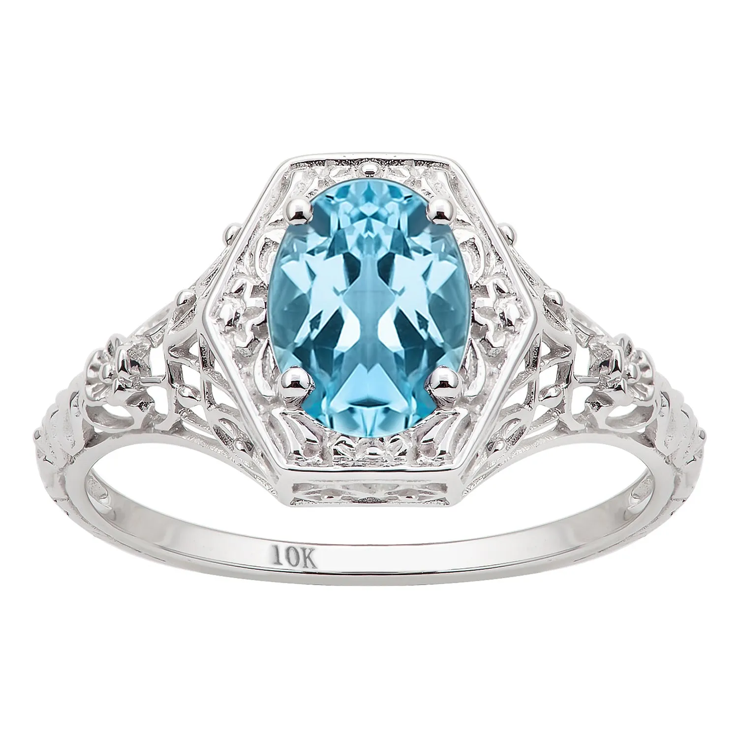10k White Gold Vintage Style Genuine Oval Blue Topaz Filigree Ring