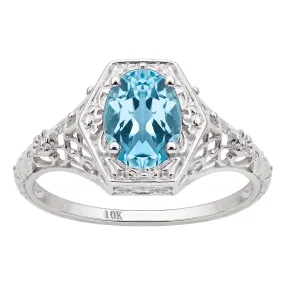 10k White Gold Vintage Style Genuine Oval Blue Topaz Filigree Ring