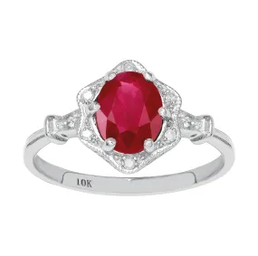 10k White Gold Vintage Style Genuine Oval Ruby and Diamond Halo Ring