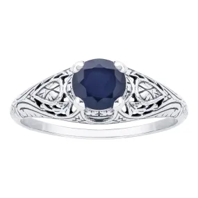 10k  White Gold Vintage Style Genuine Round Sapphire Scroll Ring