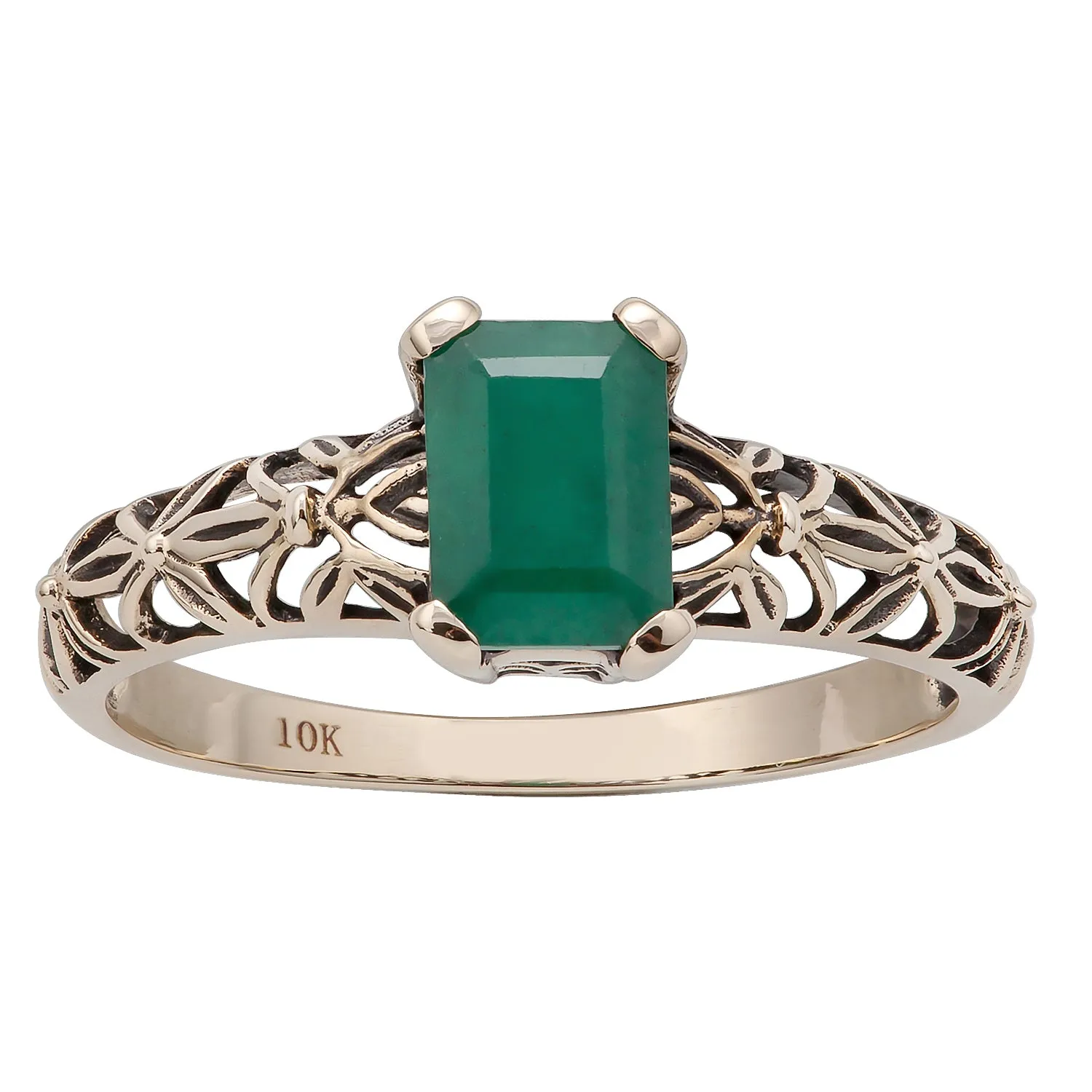 10k  Yellow Gold Vintage Style Genuine Emerald Scroll Ring