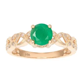 10k Yellow Gold Vintage Style Genuine Round Emerald and Diamond Filigree Ring