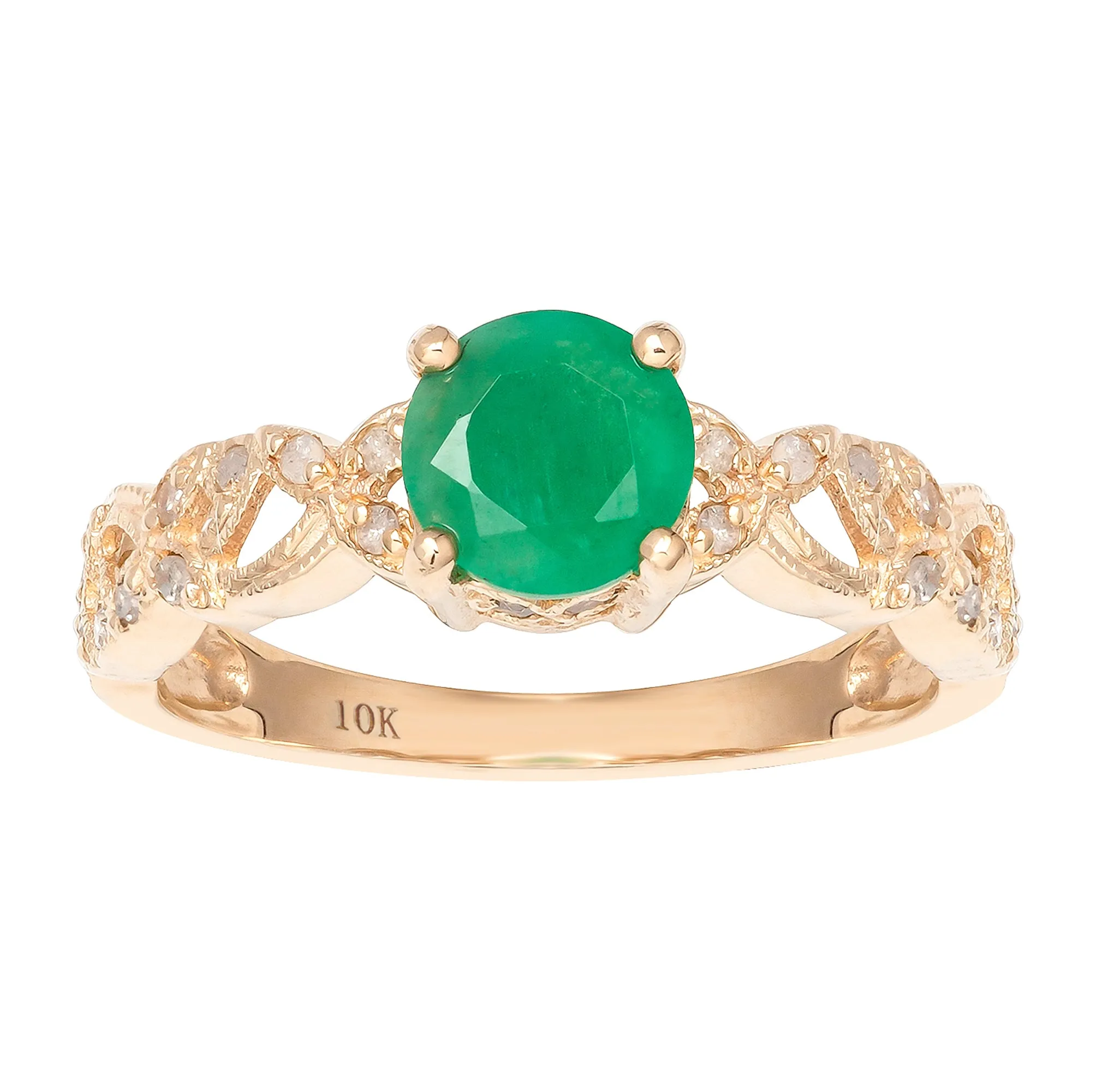 10k Yellow Gold Vintage Style Genuine Round Emerald and Diamond Filigree Ring