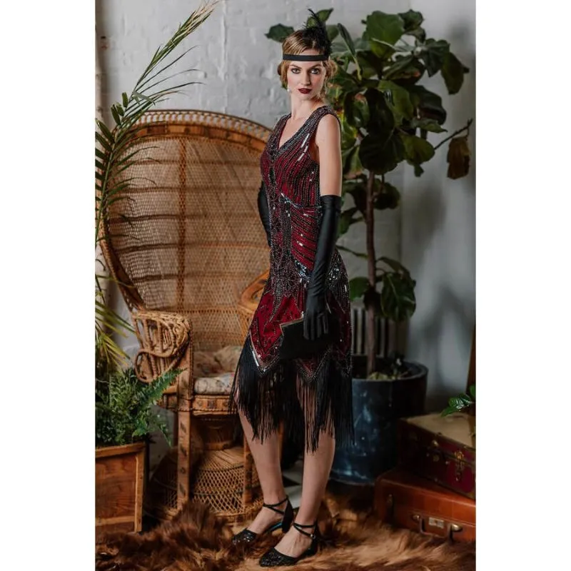 1920s Sequined Fringe Dress - Wine Red - Hire