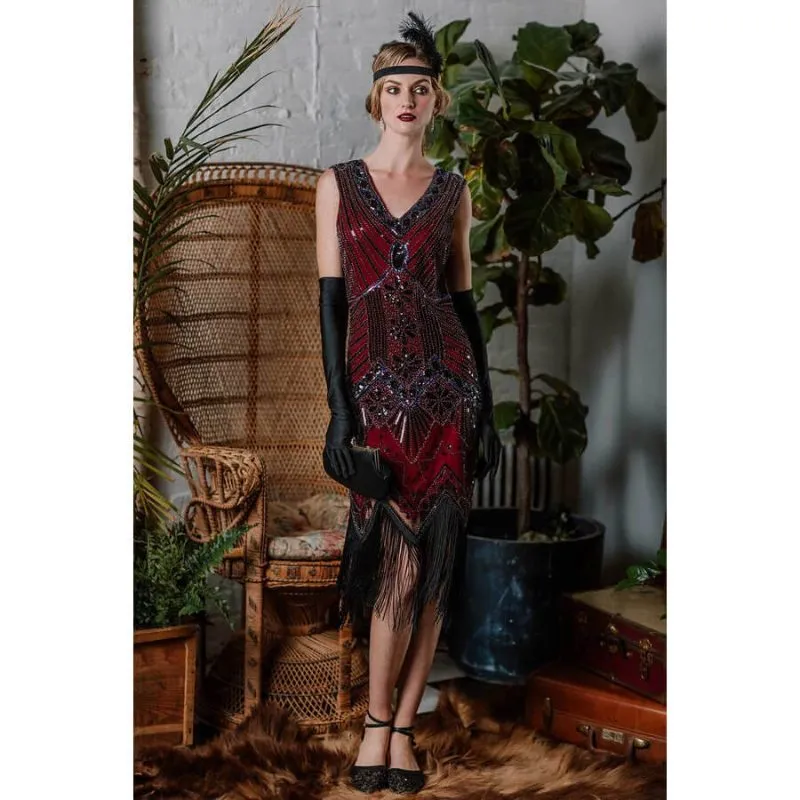 1920s Sequined Fringe Dress - Wine Red - Hire