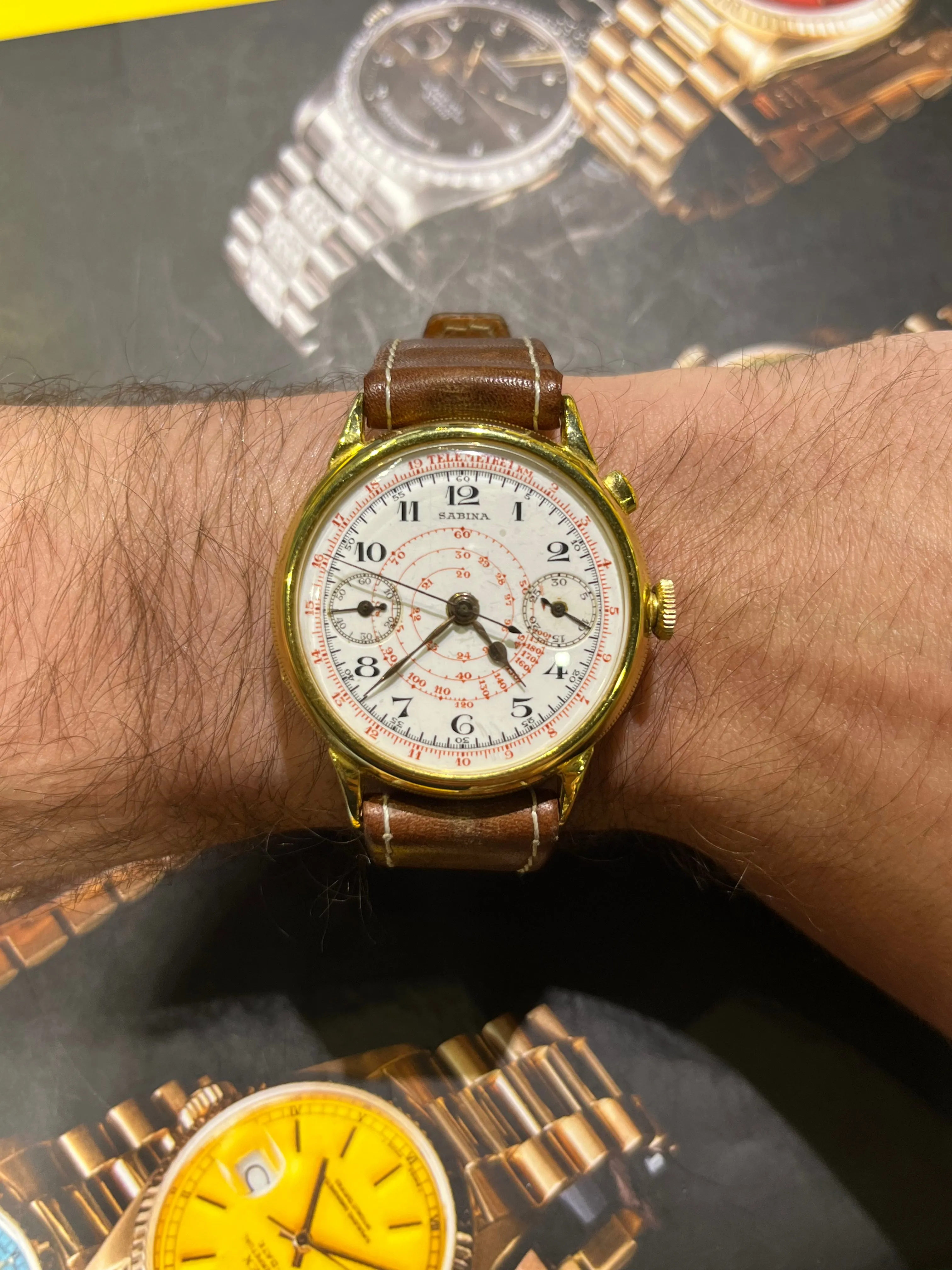 1930s 18kt Sabina Chronograph Porcelain Dial