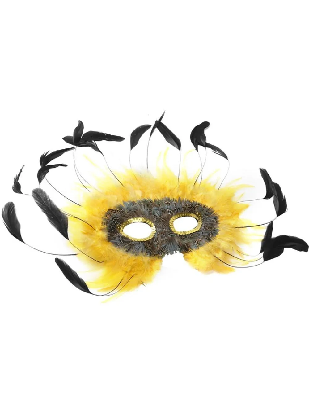 Adult Yellow & Black Feather Eye Mask