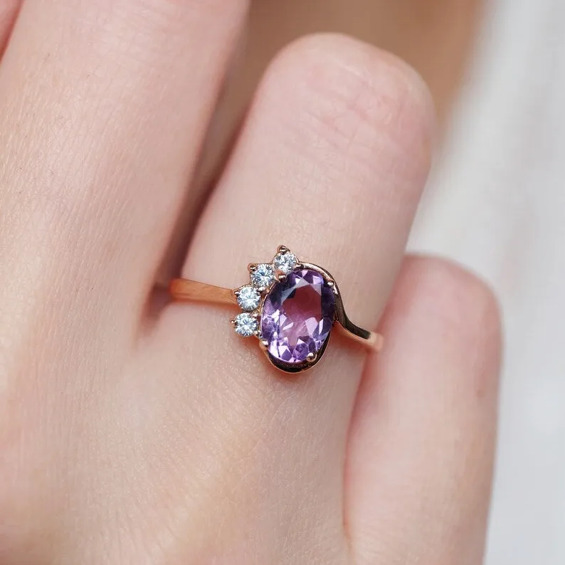 Amethyst Oval Cut Halo Ring - 14k Rose Gold Vermeil RIng