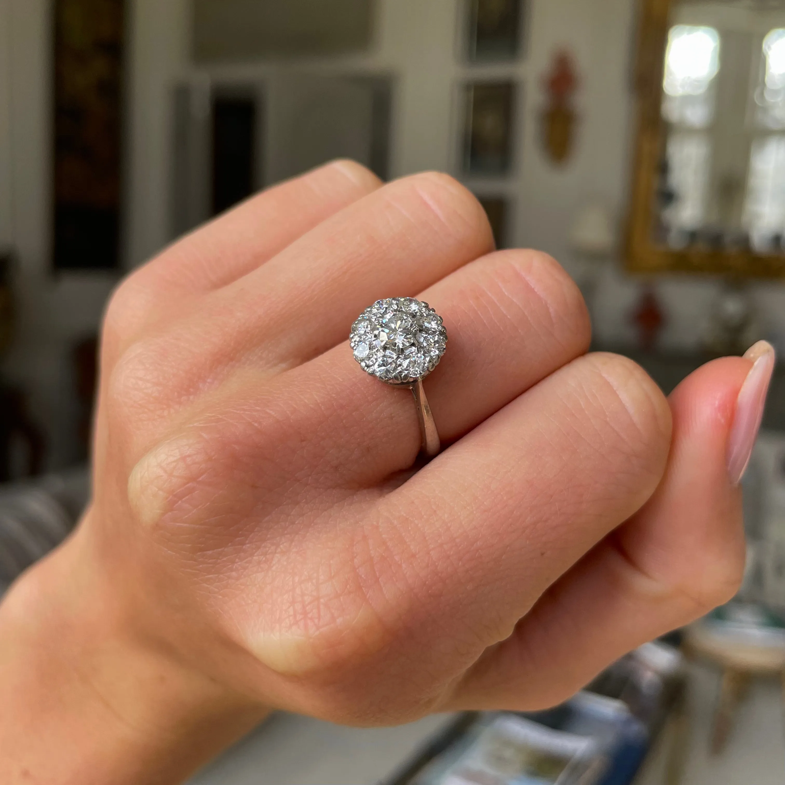 Art Deco diamond cluster engagement ring, 18ct white gold