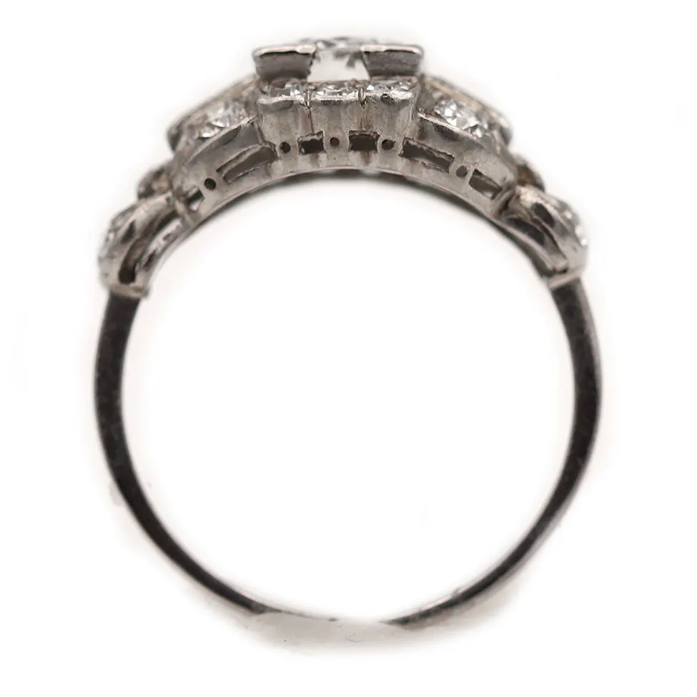 Art Deco Old European Cut Diamond Engagement Ring with Straight Baguette Side Stones