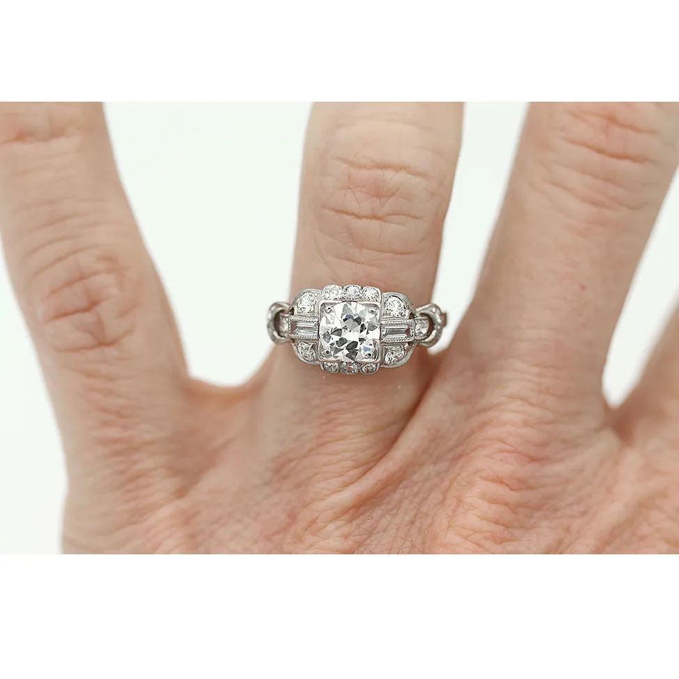 Art Deco Old European Cut Diamond Engagement Ring with Straight Baguette Side Stones