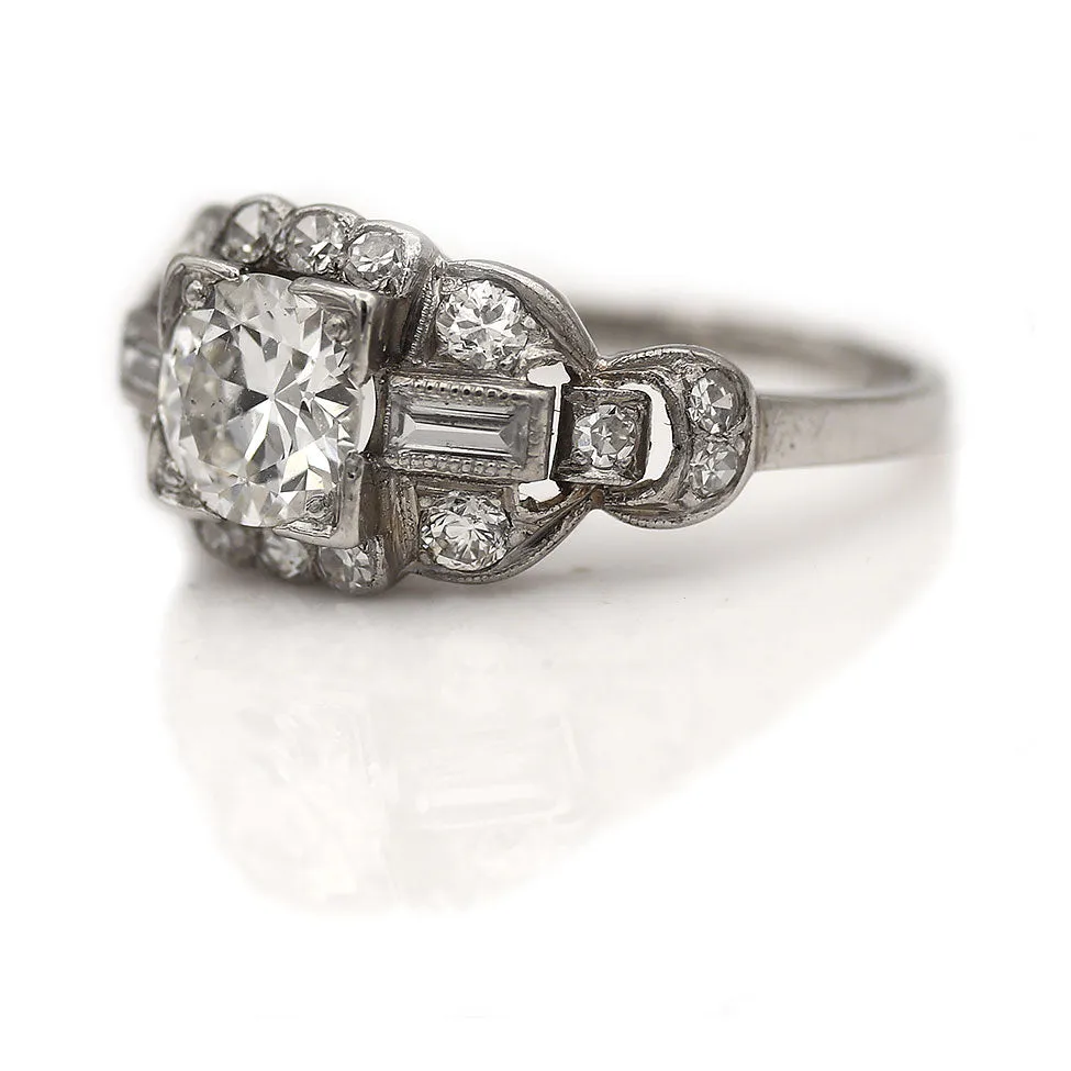 Art Deco Old European Cut Diamond Engagement Ring with Straight Baguette Side Stones