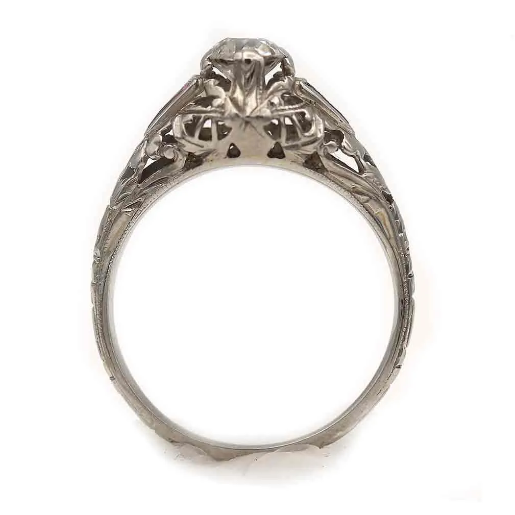 Art Deco Old Mine Cut Diamond & Ruby Engagement Ring