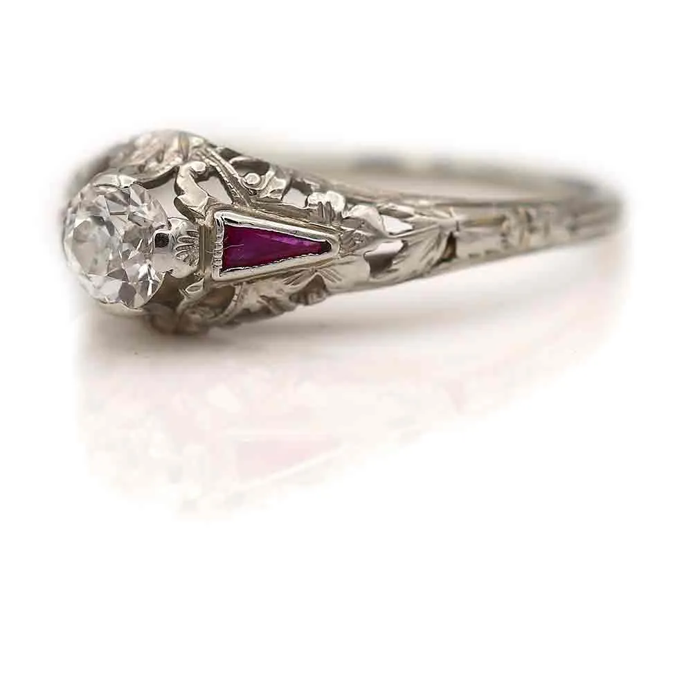 Art Deco Old Mine Cut Diamond & Ruby Engagement Ring