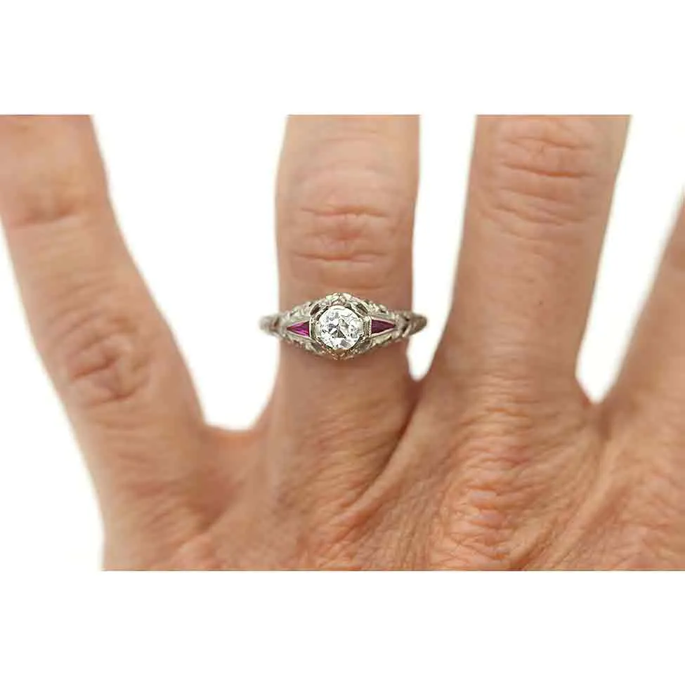 Art Deco Old Mine Cut Diamond & Ruby Engagement Ring