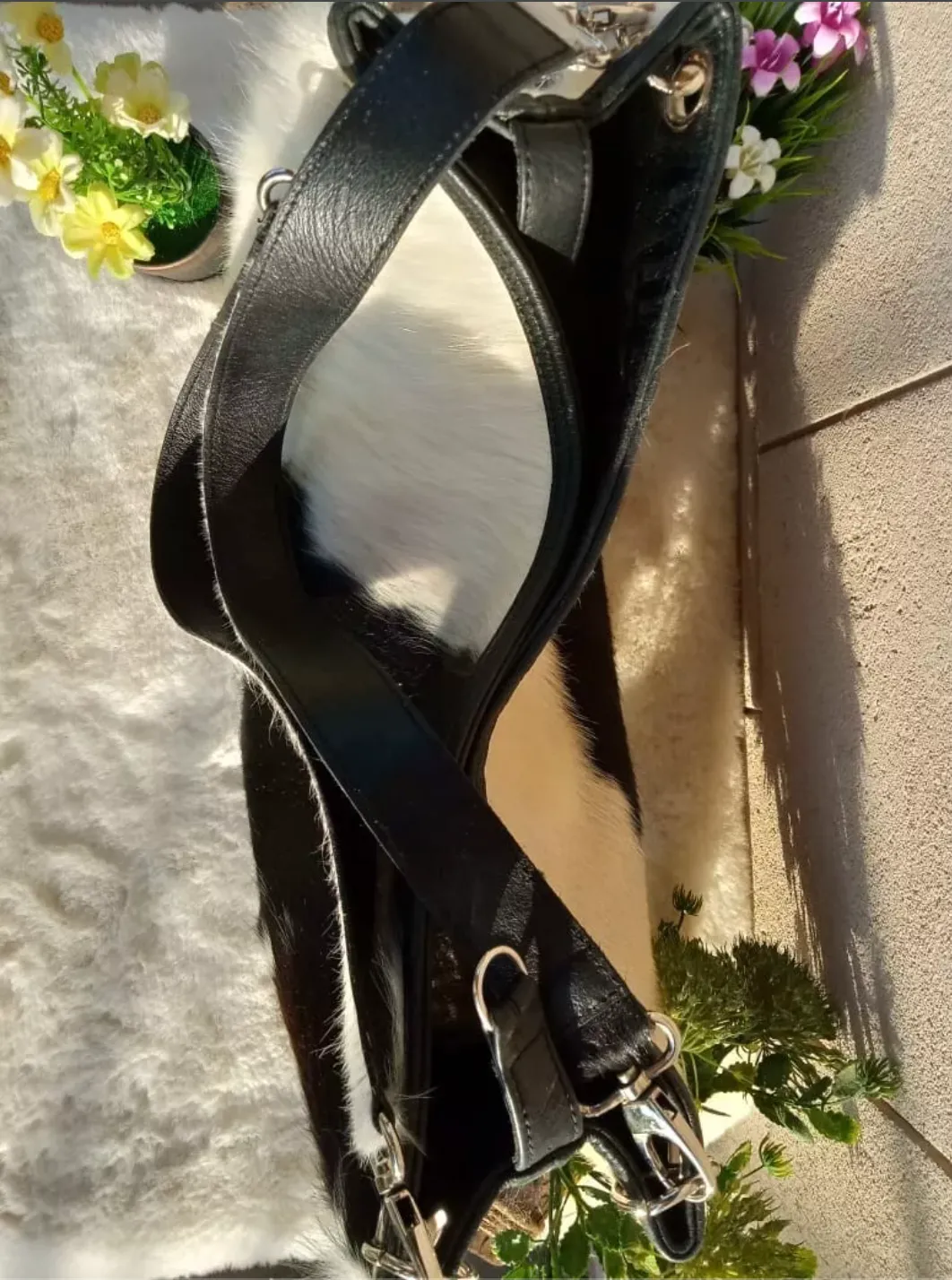 Black White Genuine Cowhide Shopper Purse