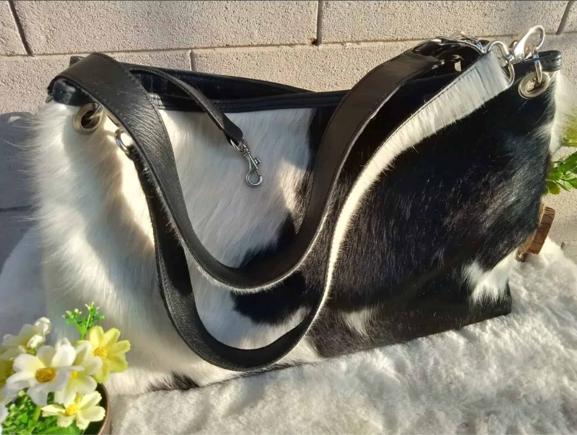 Black White Genuine Cowhide Shopper Purse