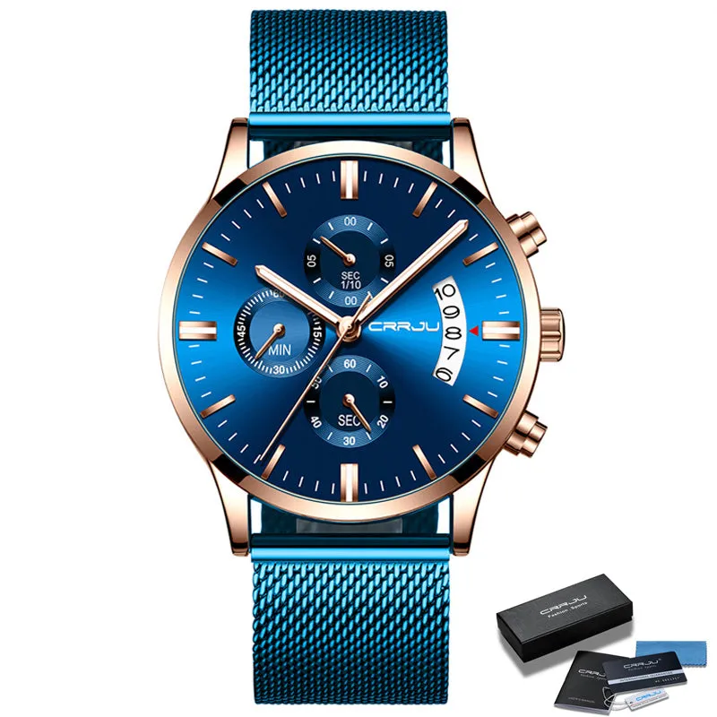 Blue Mens Watches  Luxury Men Sports Chronograph Quartz Watches