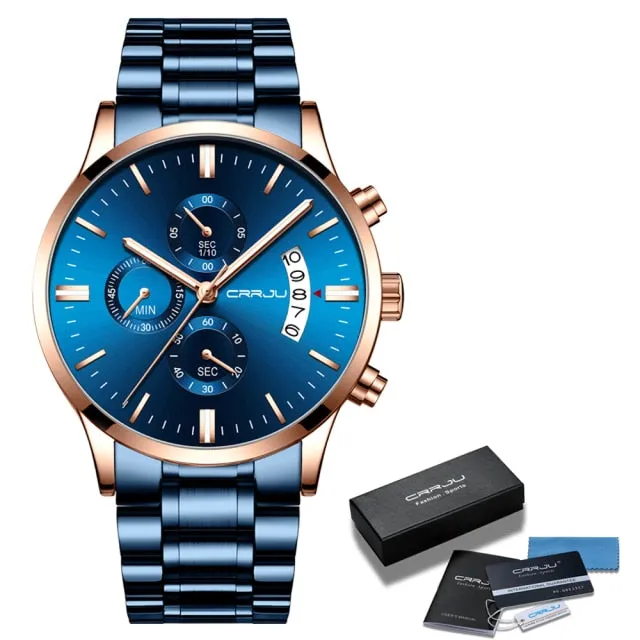 Blue Mens Watches  Luxury Men Sports Chronograph Quartz Watches