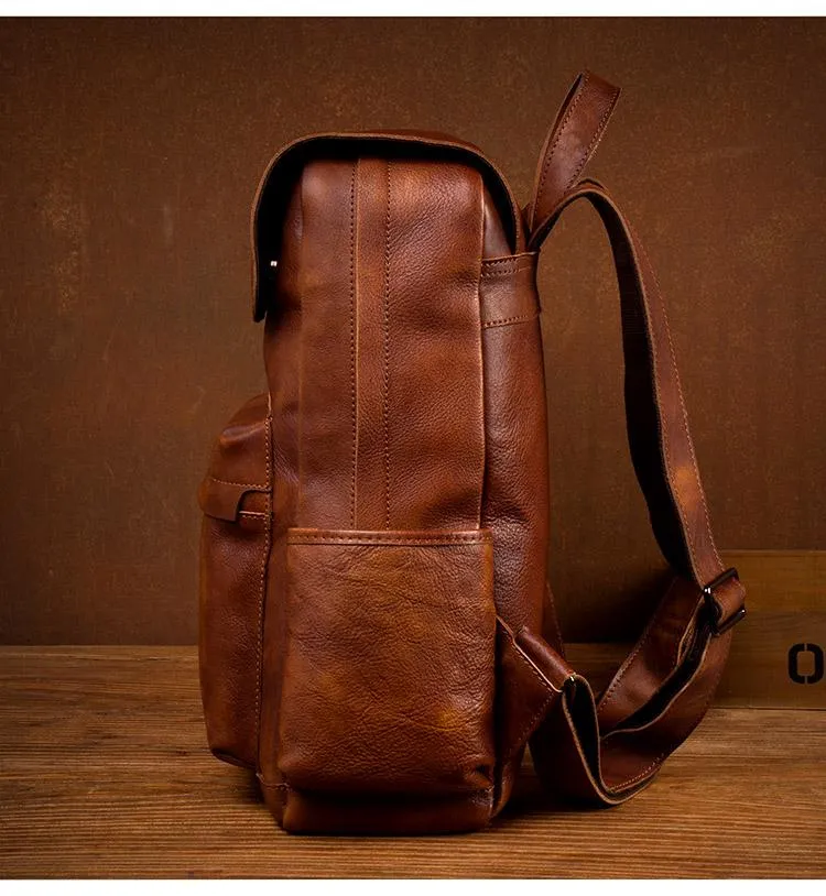 Brown Fashion Mens Leather Large 15inch Laptop Backpacks Black Travel Backpacks School Backpack for men