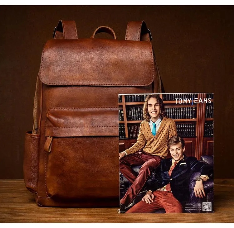 Brown Fashion Mens Leather Large 15inch Laptop Backpacks Black Travel Backpacks School Backpack for men
