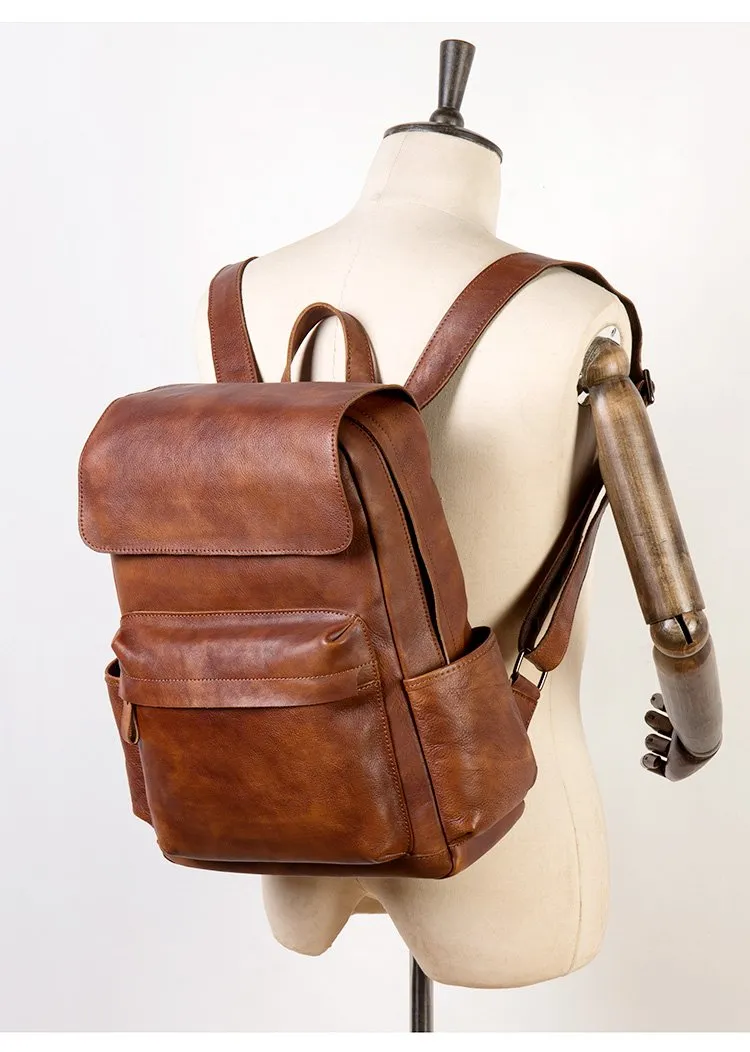 Brown Fashion Mens Leather Large 15inch Laptop Backpacks Black Travel Backpacks School Backpack for men