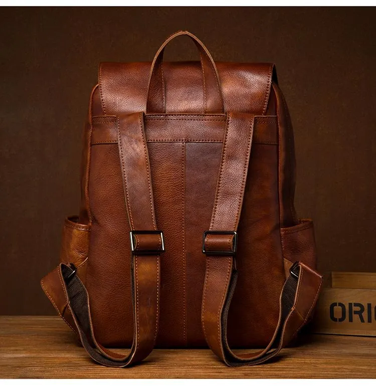 Brown Fashion Mens Leather Large 15inch Laptop Backpacks Black Travel Backpacks School Backpack for men