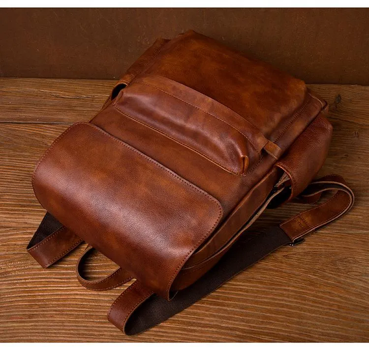 Brown Fashion Mens Leather Large 15inch Laptop Backpacks Black Travel Backpacks School Backpack for men