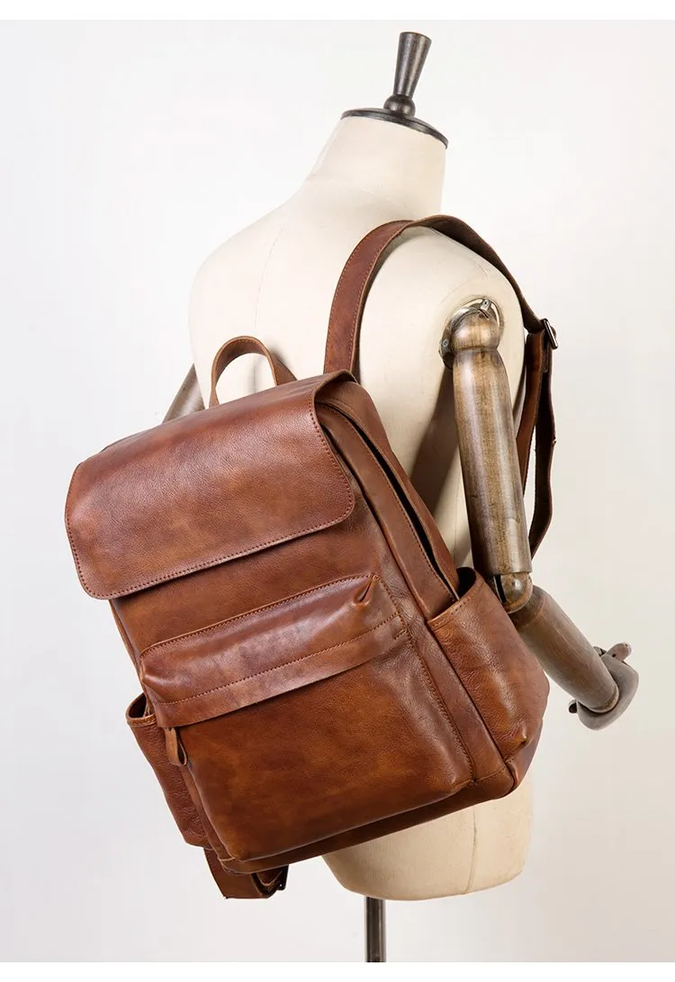 Brown Fashion Mens Leather Large 15inch Laptop Backpacks Black Travel Backpacks School Backpack for men