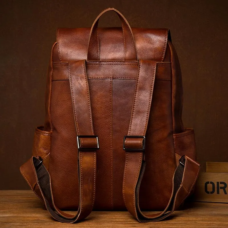 Brown Fashion Mens Leather Large 15inch Laptop Backpacks Black Travel Backpacks School Backpack for men