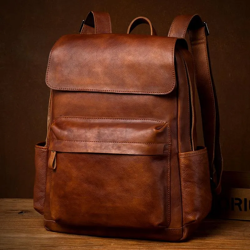 Brown Fashion Mens Leather Large 15inch Laptop Backpacks Black Travel Backpacks School Backpack for men