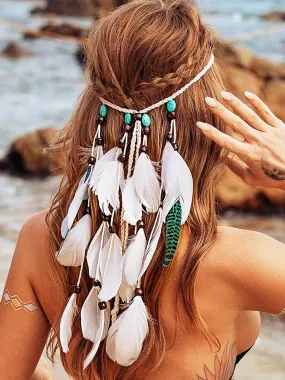 CAKURE Boho Feather Headband Gypsy Indian Headdress Bohemia Turquoise Headpiece Blue Hippie Headbands Hairband Adjust Headwear Feather Hair Accessories for Women and Girls (Type B)