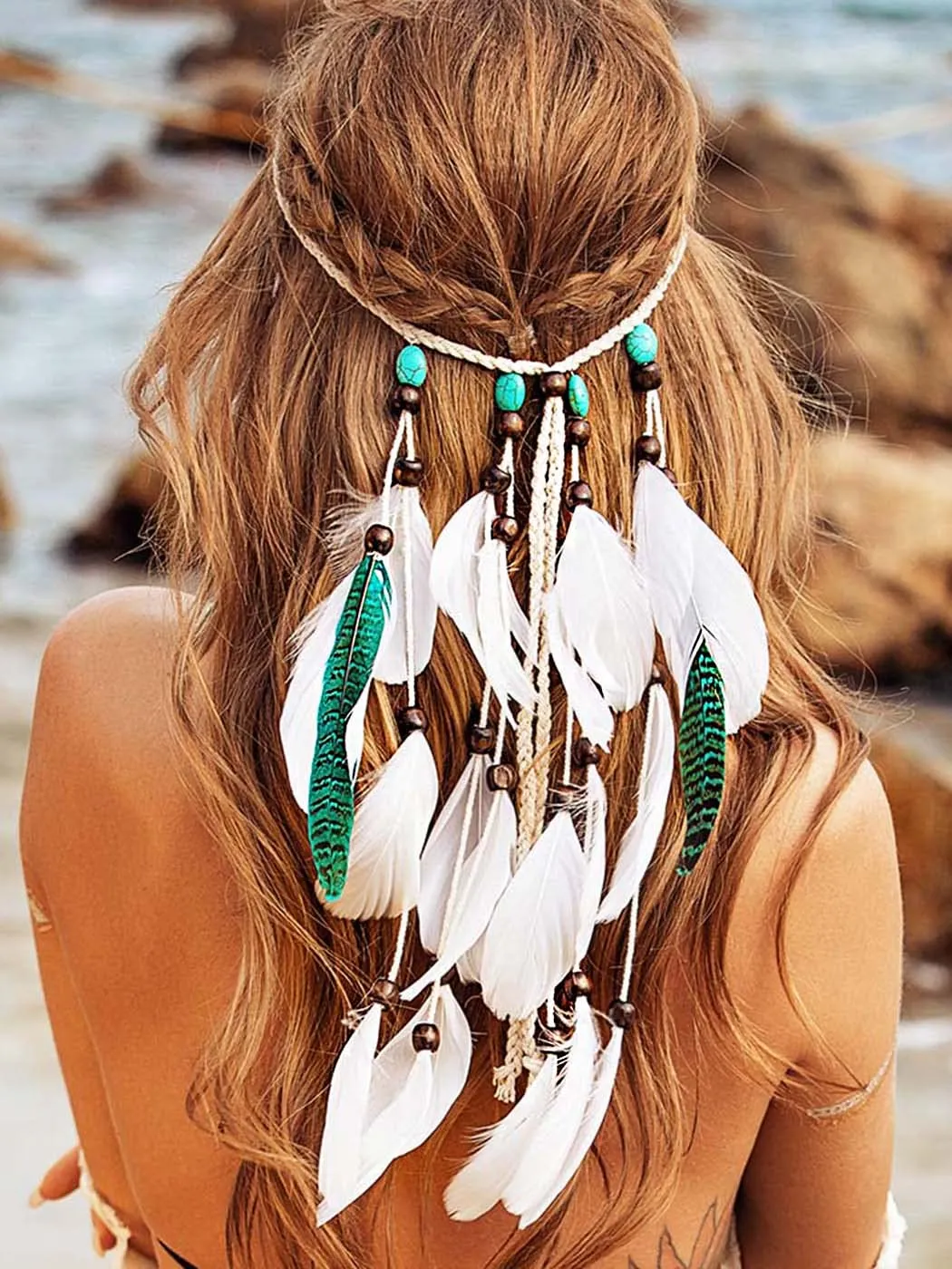 CAKURE Boho Feather Headband Gypsy Indian Headdress Bohemia Turquoise Headpiece Blue Hippie Headbands Hairband Adjust Headwear Feather Hair Accessories for Women and Girls (Type B)