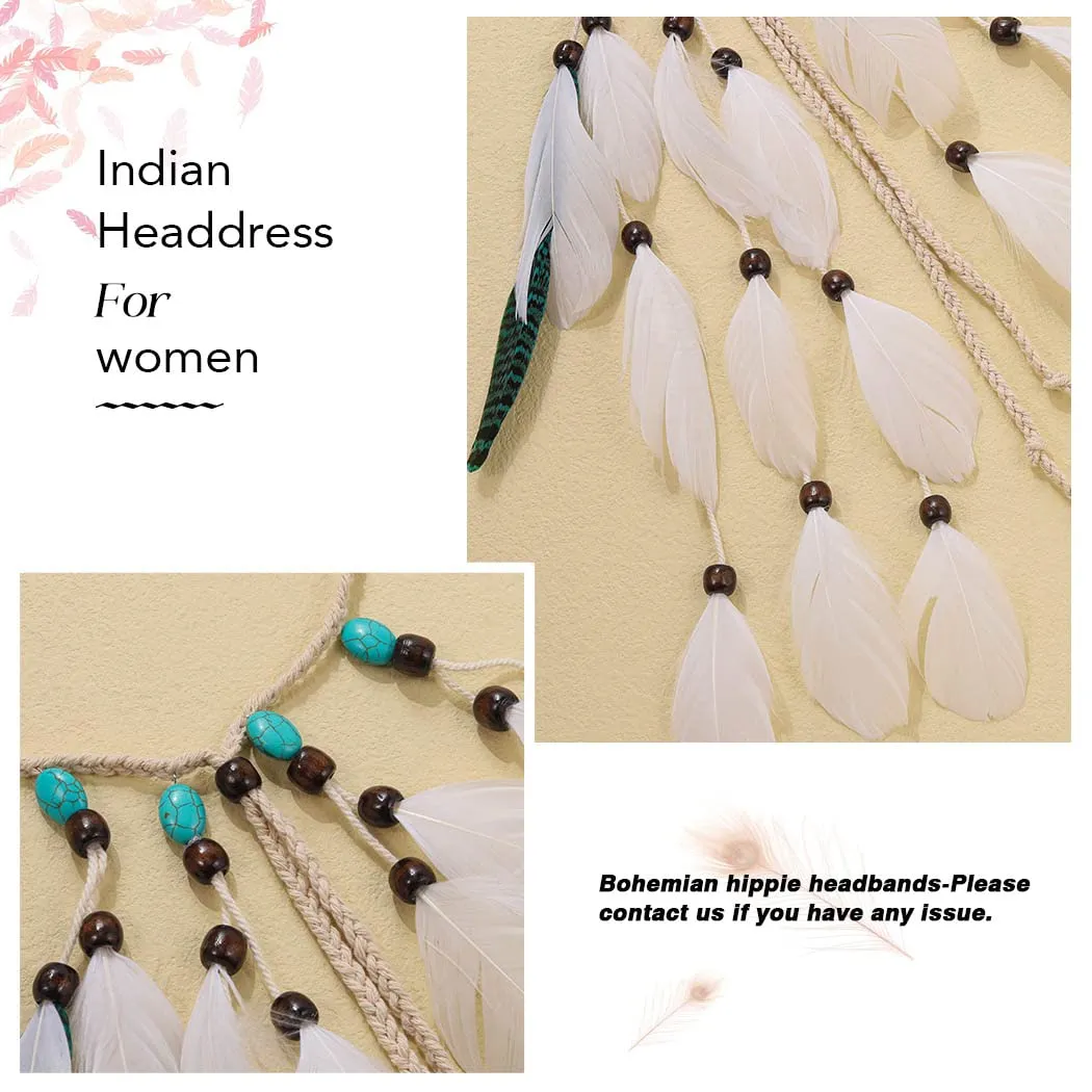 CAKURE Boho Feather Headband Gypsy Indian Headdress Bohemia Turquoise Headpiece Blue Hippie Headbands Hairband Adjust Headwear Feather Hair Accessories for Women and Girls (Type B)