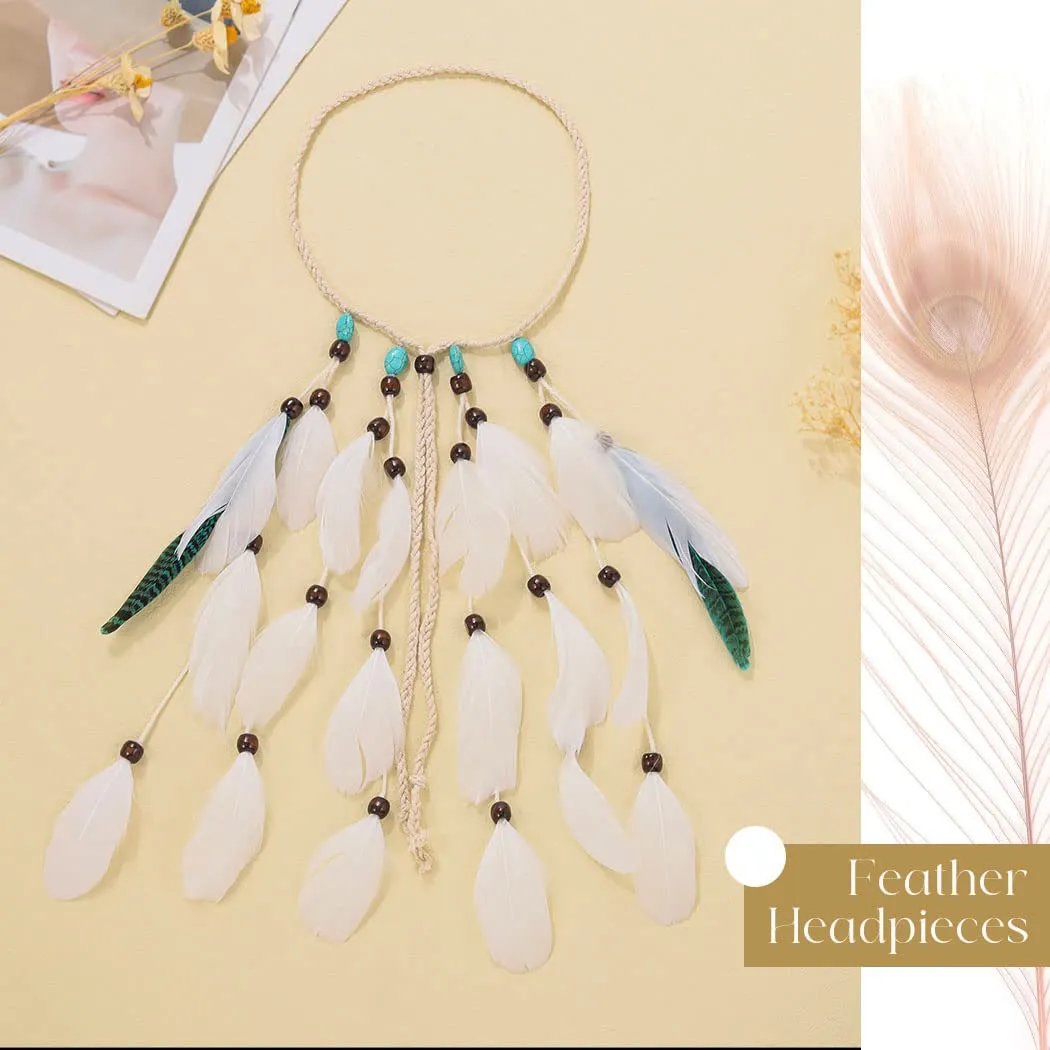 CAKURE Boho Feather Headband Gypsy Indian Headdress Bohemia Turquoise Headpiece Blue Hippie Headbands Hairband Adjust Headwear Feather Hair Accessories for Women and Girls (Type B)