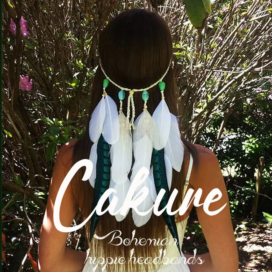 CAKURE Boho Feather Headband Gypsy Indian Headdress Bohemia Turquoise Headpiece Blue Hippie Headbands Hairband Adjust Headwear Feather Hair Accessories for Women and Girls (Type B)
