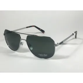 Calvin Klein R161S 033 Aviator Pilot Sunglasses Silver Gray Frame Green Lens