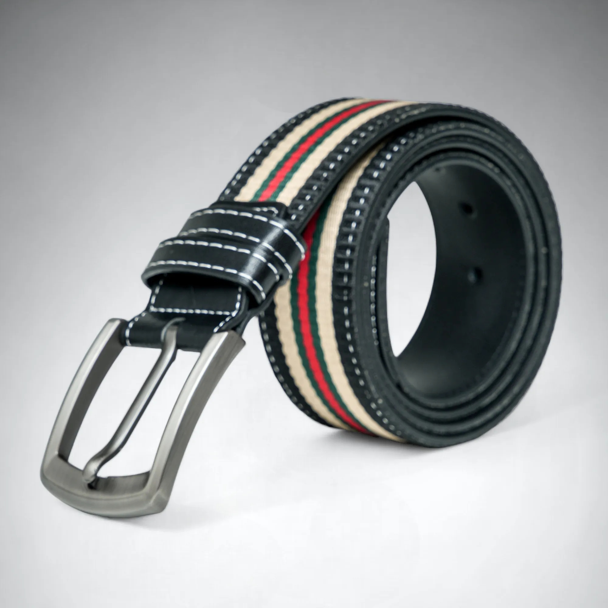 Chokore Adjustable Stripe Canvas Design Leather Belt (Black)