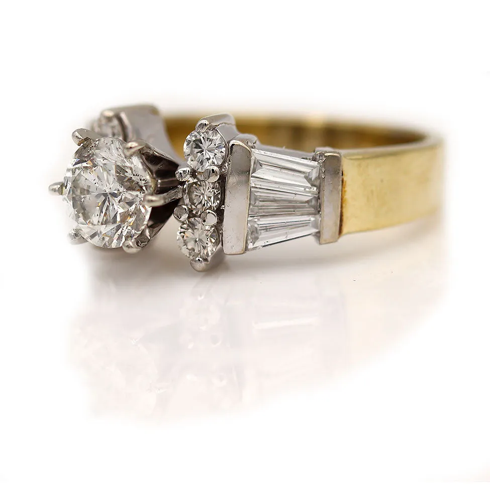 Contemporary GIA 1.84 CTW Two Tone Round Vintage Diamond Engagement Ring Side Baguettes