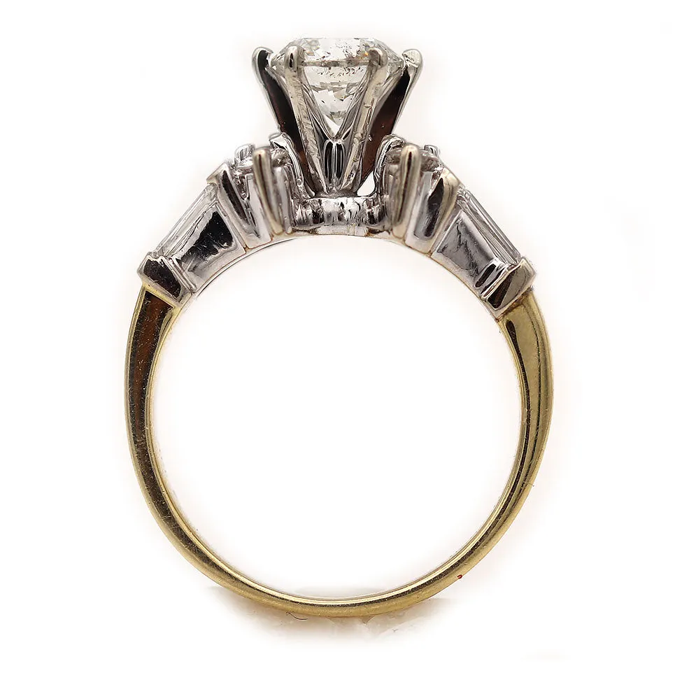 Contemporary GIA 1.84 CTW Two Tone Round Vintage Diamond Engagement Ring Side Baguettes