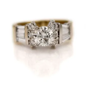 Contemporary GIA 1.84 CTW Two Tone Round Vintage Diamond Engagement Ring Side Baguettes