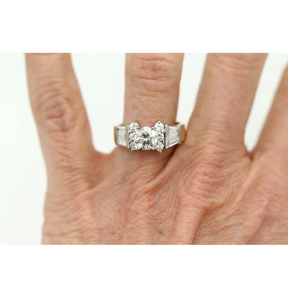Contemporary GIA 1.84 CTW Two Tone Round Vintage Diamond Engagement Ring Side Baguettes