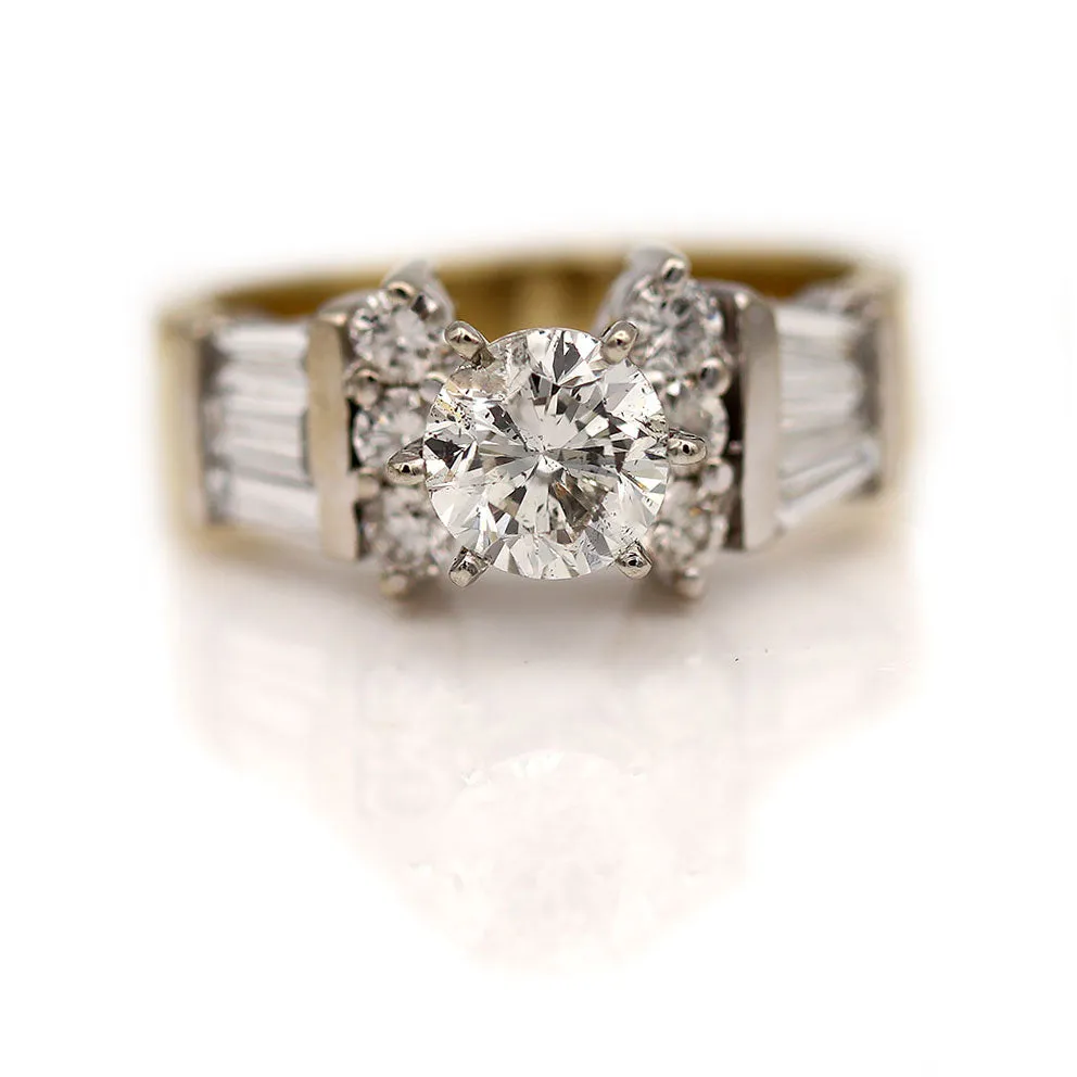 Contemporary GIA 1.84 CTW Two Tone Round Vintage Diamond Engagement Ring Side Baguettes