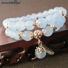 Crystal Bracelets Round Beads Lucky Tibetan Silver Leaf Pendant for Lovers Crystal Bracelet Multilayer Jewelry