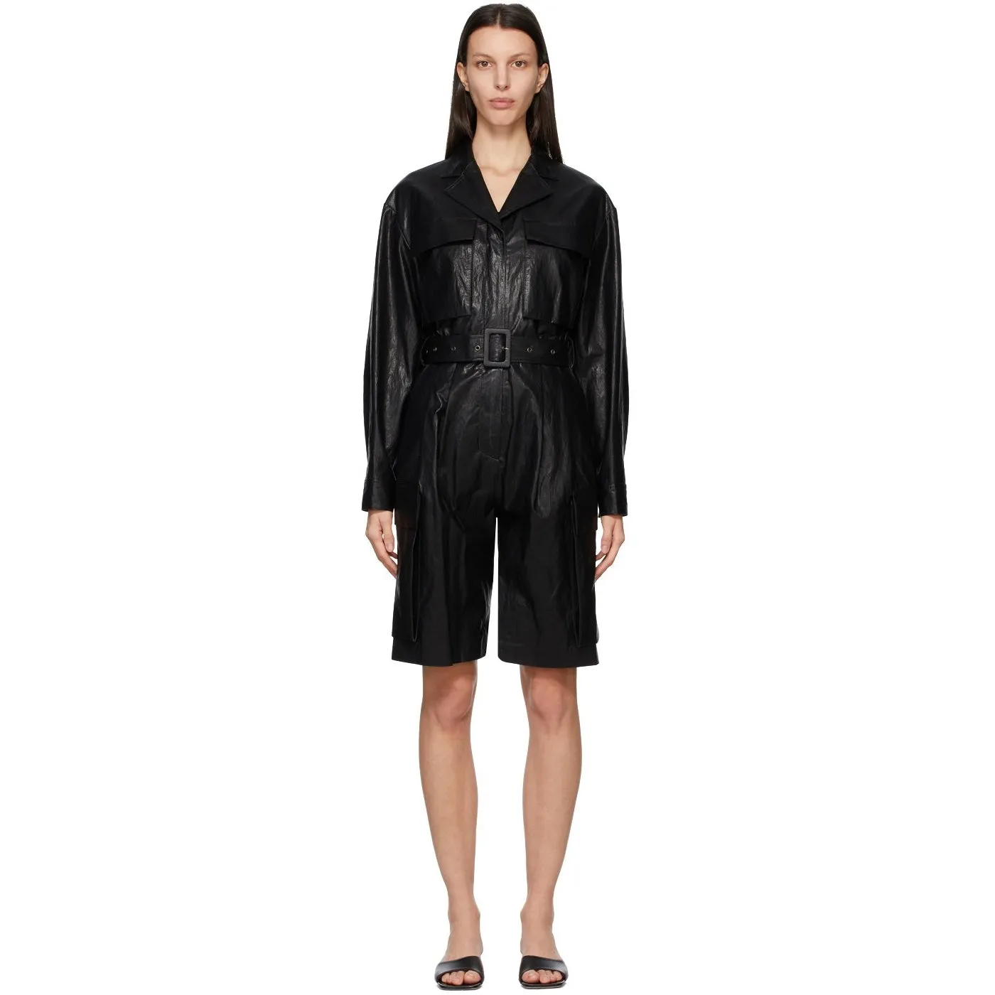 DRAE Black Faux-Leather Jumpsuit