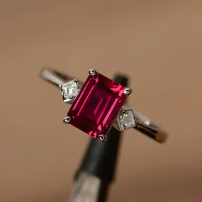 Elegant Emerald Cut Ruby Solitaire Rings - 925 Sterling Silver Ring