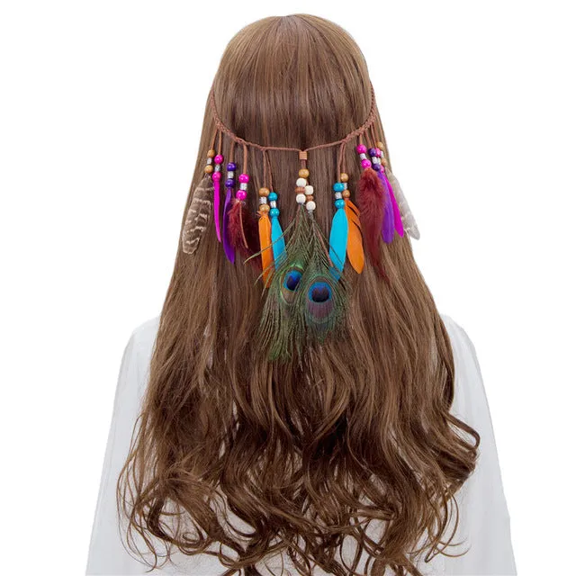 Feather Headband Women 2017 Festival Feather Headband Hippie Headdress Hair Accessories Boho Peacock Feather Headdress