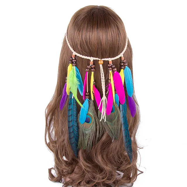 Feather Headband Women 2017 Festival Feather Headband Hippie Headdress Hair Accessories Boho Peacock Feather Headdress