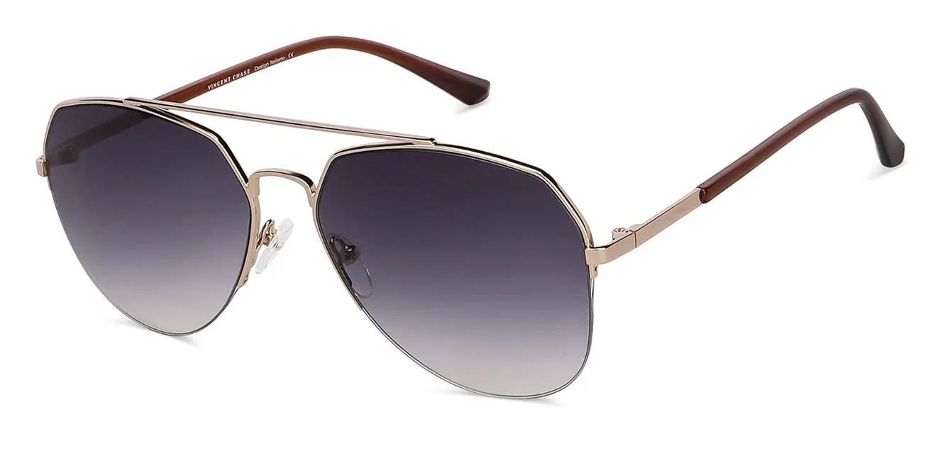 Gold Aviator Half Rim Wide Unisex Sunglasses by Vincent Chase-146199