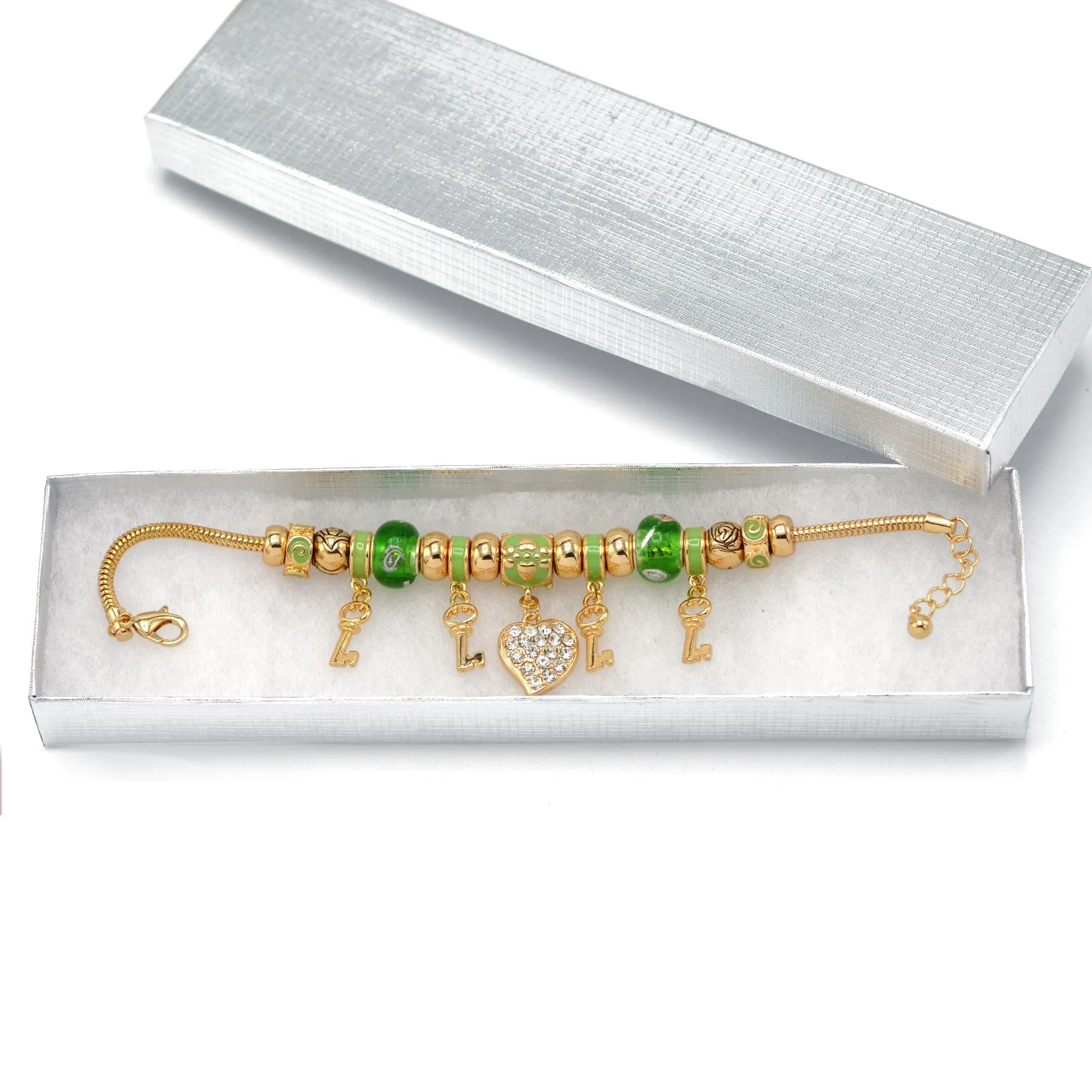 Gold Green Resin Beads Heart And Key Crystal Charm Bracelet #HNB82320GGR